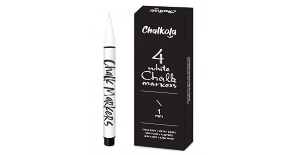 Chalkola Extra Fine Tip White Chalk Markers (4 Pack 1mm Point) Chalk Pens - White Dry Erase Marker Pen for Blackboard Chalkboards Windows Glass Bistro