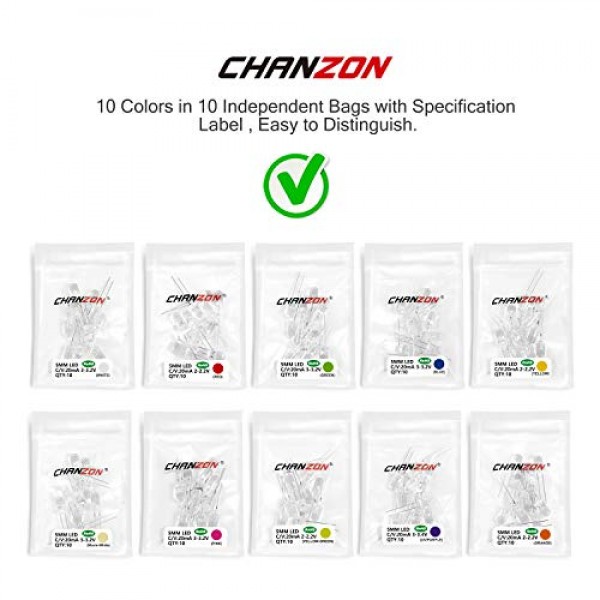 CHANZON 100pcs 5mm LED Diode Lights Assortment 10 Colors x 10pcs D...