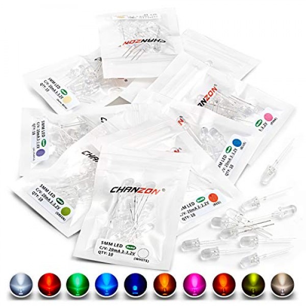 CHANZON 100pcs 5mm LED Diode Lights Assortment 10 Colors x 10pcs D...
