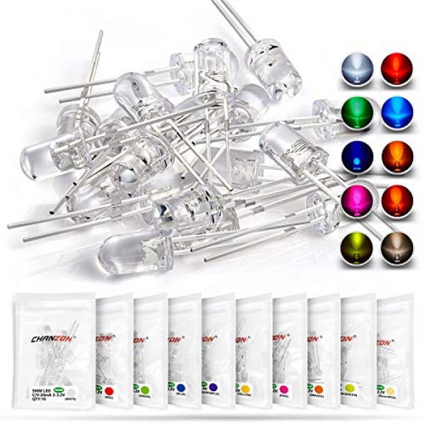 CHANZON 100pcs 5mm LED Diode Lights Assortment 10 Colors x 10pcs D...