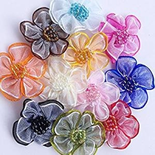 Chenkou Craft 40pcs Organza Ribbon Flowers with Beads Appliques Mix