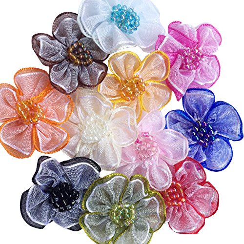 Chenkou Craft 40pcs Organza Ribbon Flowers with Beads Appliques Mix