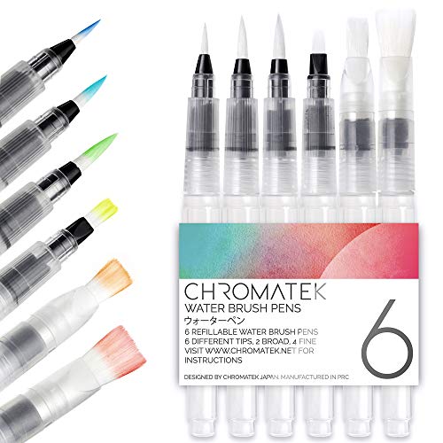 Water Brush Pens by Chromatek. Set of 6 Aqua Pen Painting Brushes....