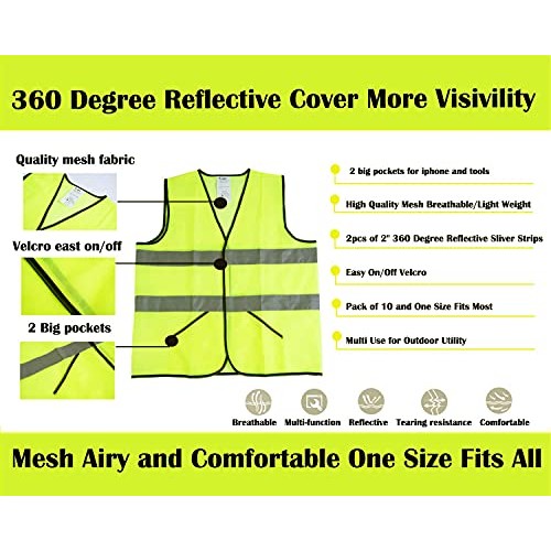 CIMC,Pockets Yellow Reflective High Visibility Safety Vests 10 pac...