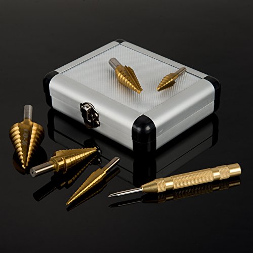 CO-Z HSS 5PCS Titanium Step Drill Bit Set with Automatic Center Pu...