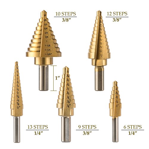 CO-Z HSS 5PCS Titanium Step Drill Bit Set with Automatic Center Pu...