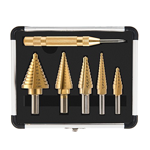 CO-Z HSS 5PCS Titanium Step Drill Bit Set with Automatic Center Pu...