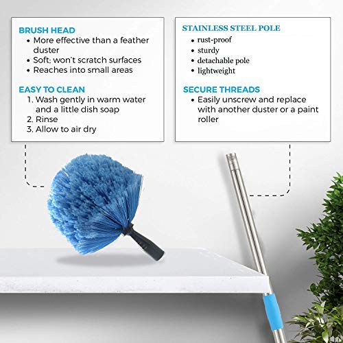 COCONUT Cobweb Duster with Pole, Medium Stiff Bristles Cobweb Dust...