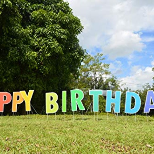 Happy Birthday Yard Sign with Stakes - Bright Rainbow Color, 15 B...