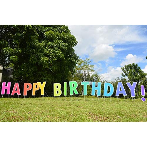 Happy Birthday Yard Sign with Stakes - Bright Rainbow Color, 15 B...