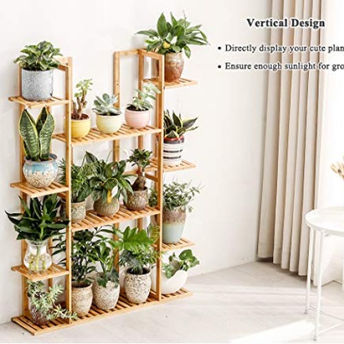 Bamboo 9 Tier 17 Potted Plant Stand Rack Multiple Flower Pot Holde...