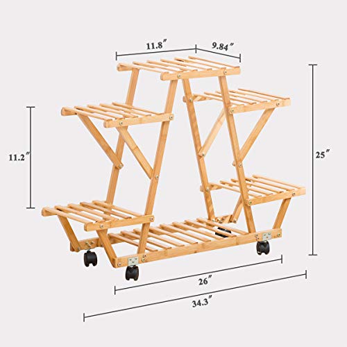 Bamboo Rolling 6 Tier Plant Stand Rack Multiple Flower Pot Holder ...