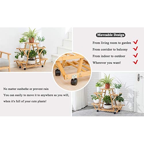 Bamboo Rolling 6 Tier Plant Stand Rack Multiple Flower Pot Holder ...