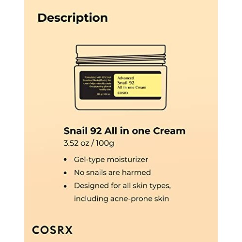 COSRX Snail Mucin 92% Repair Cream 3.52 oz, Daily Face Gel Moistur...