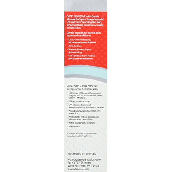 Cotz Spf 40 UVB/UVA Sunscreen for Sensitive Skin, 3.5 Ounce