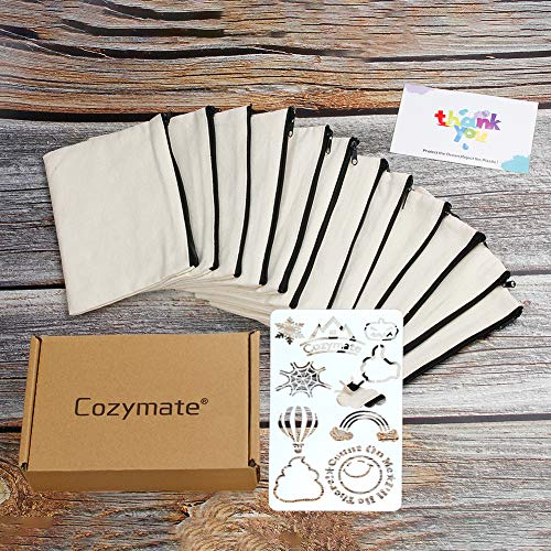 12 Pack Canvas Pencil Pouch DIY Craft Blank Makeup Bags with Zippe...