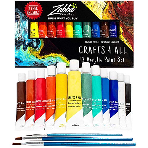 Acrylic Paint Set 12 Colors by Crafts 4 ALL Perfect for Canvas, Wo...
