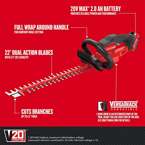 CRAFTSMAN V20 Cordless Hedge Trimmer, 22-Inch CMCHTS820D1