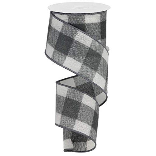 Fuzzy Large Check Plaid Wired Edge Ribbon, 2.5 x 10 Yards Grey, ...