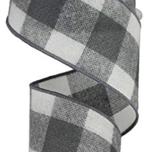 Fuzzy Large Check Plaid Wired Edge Ribbon, 2.5 x 10 Yards Grey, ...