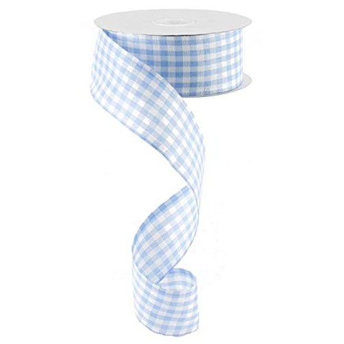 Gingham Check Wired Edge Ribbon, 1.5 x 10 Yards Light Blue, White