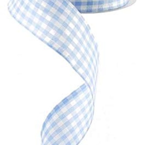 Gingham Check Wired Edge Ribbon, 1.5 x 10 Yards Light Blue, White