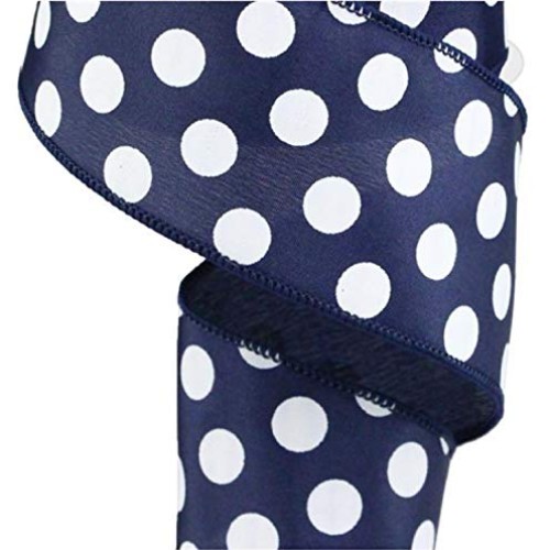 Navy Blue Polka Dot Wired Edge Ribbon - 2.5 x 10 Yards