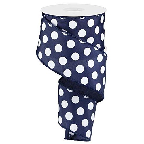 Navy Blue Polka Dot Wired Edge Ribbon - 2.5 x 10 Yards