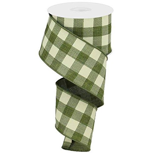 Plaid Check Wired Edge Ribbon - 10 Yards Moss Green, Ivory, 2.5