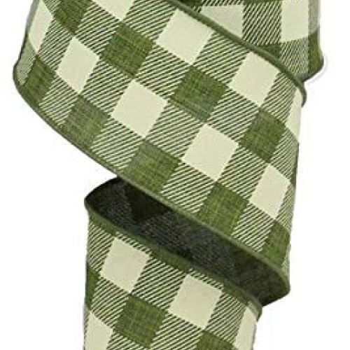 Plaid Check Wired Edge Ribbon - 10 Yards Moss Green, Ivory, 2.5