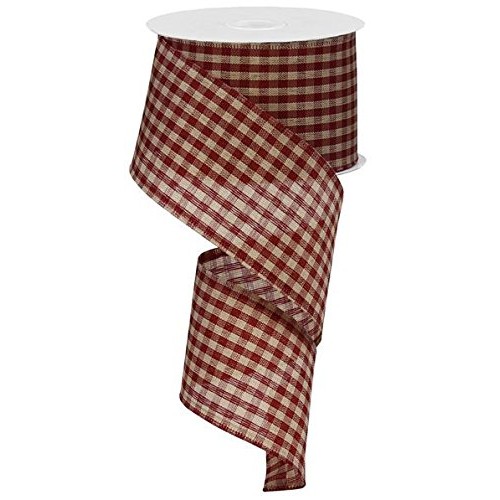 Primitive Gingham Check Wired Edge Ribbon, 10 Yards Red, Tan, 2.5