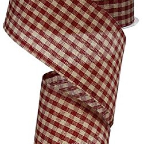 Primitive Gingham Check Wired Edge Ribbon, 10 Yards Red, Tan, 2.5