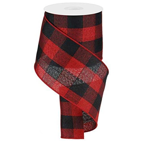 Woven Check Wired Edge Ribbon - 10 Yards Black, Red, 4