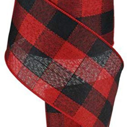 Woven Check Wired Edge Ribbon - 10 Yards Black, Red, 4