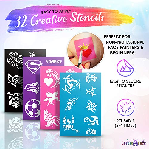 Face Painting Kit for Kids - 32 Stencils, 8 Water Based Face Paint...