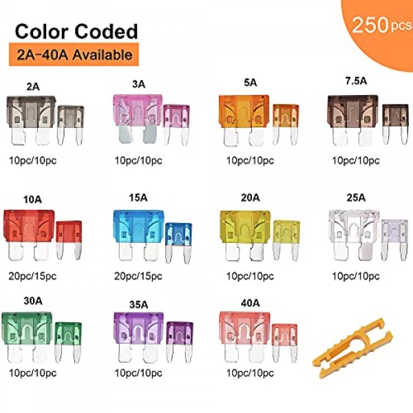 CrocSee 250 Pieces - Car Fuses Assortment Kit, Blade-Type Automoti...