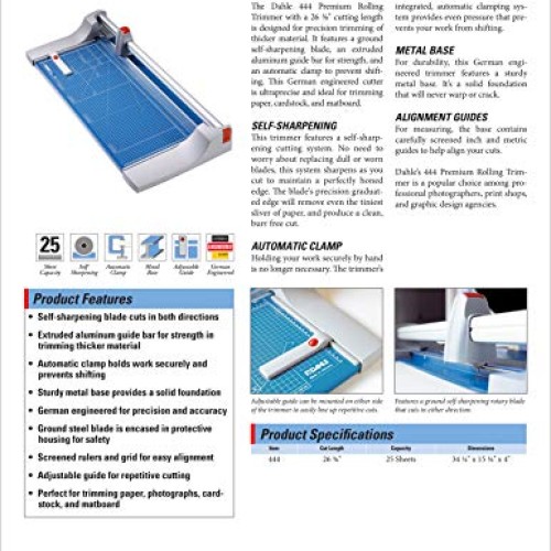 Dahle 444 Premium Rolling Trimmer, 26-3/8 Cut Length, 25 Sheet Ca...