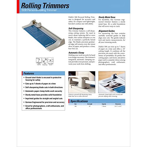 Dahle 508 Personal Rolling Trimmer, 18 Cut Length, 7 Sheet Capaci...