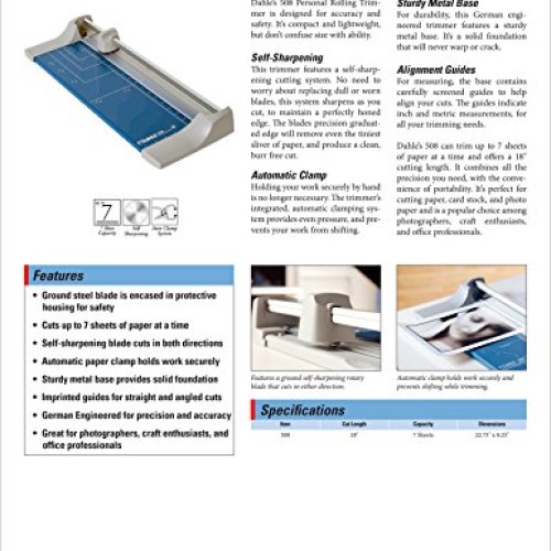 Dahle 508 Personal Rolling Trimmer, 18 Cut Length, 7 Sheet Capaci...