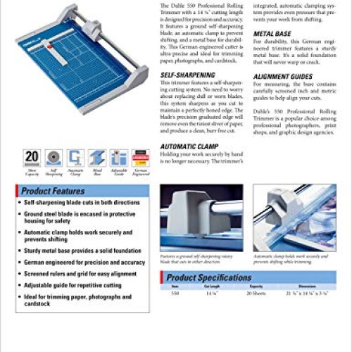 Dahle 550 Professional Rolling Trimmer, 14-1/8 Cut Length, 20 She...