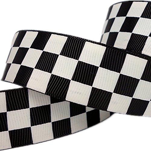 25yd 7/8 Black Solid Grosgrain Ribbon White Race Checkerboard Pri...
