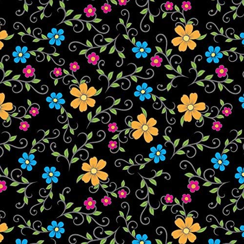 Folk Skulls Floral Black Cotton Fabric by The Yard, 1 Yard Precuts