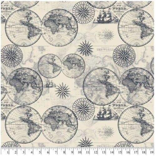 Map of The World Cotton Fabric by The Yard