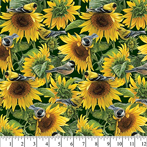 Sunflowers and Birds Cotton Fabric by The Yard