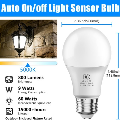 DAYBETTER 4 Pack A19 Dusk to Dawn Light Bulbs Outdoor, Auto On/Off Photocell Sensor LED Light Bulb for Porch & Security Lighting, 60W Equivalent, Energy Efficient 9W, Daylight 5000K, E26 Base