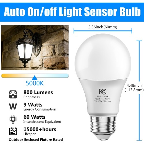 DAYBETTER 4 Pack A19 Dusk to Dawn Light Bulbs Outdoor, Auto On/Off Photocell Sensor LED Light Bulb for Porch & Security Lighting, 60W Equivalent, Energy Efficient 9W, Daylight 5000K, E26 Base