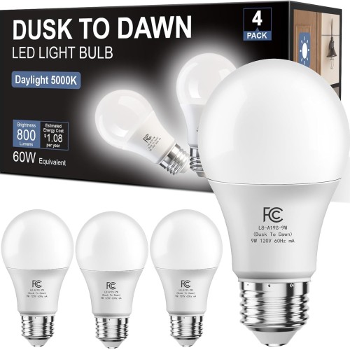 DAYBETTER 4 Pack A19 Dusk to Dawn Light Bulbs Outdoor, Auto On/Off Photocell Sensor LED Light Bulb for Porch & Security Lighting, 60W Equivalent, Energy Efficient 9W, Daylight 5000K, E26 Base