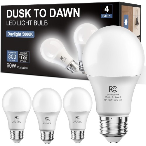 DAYBETTER 4 Pack A19 Dusk to Dawn Light Bulbs Outdoor, Auto On/Off Photocell Sensor LED Light Bulb for Porch & Security Lighting, 60W Equivalent, Energy Efficient 9W, Daylight 5000K, E26 Base