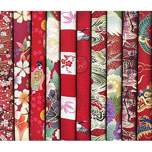 10 Red Asian Japanese Fat Quarter Quilt Fabric Bundle #22 2 1/2 Y...