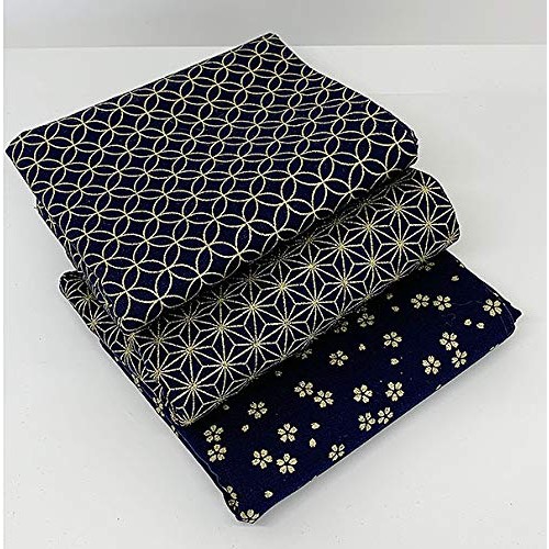 3 Fat Quarter Gold Metallic Japanese Designs on Indigo Blue - Asia...